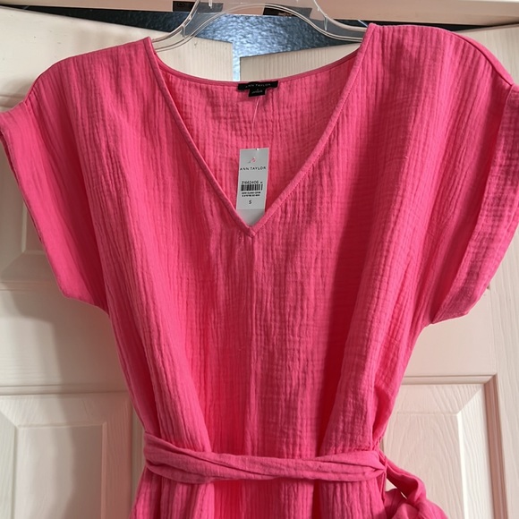 Ann Taylor Gauze Pocket Flare Dress in Tropical Rose - Picture 6 of 9